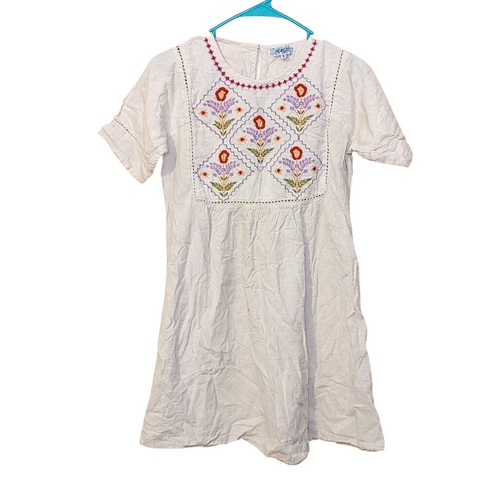 Magic Size Small S Linen Cotton Embroidered Dress Floral Flower Boho Indie Short